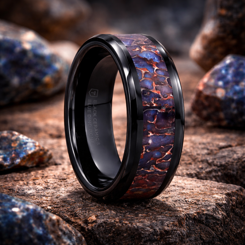 The Permian Blue Dinosaur Bone Inlaid Black Ceramic Beveled Edged Ring 8mm