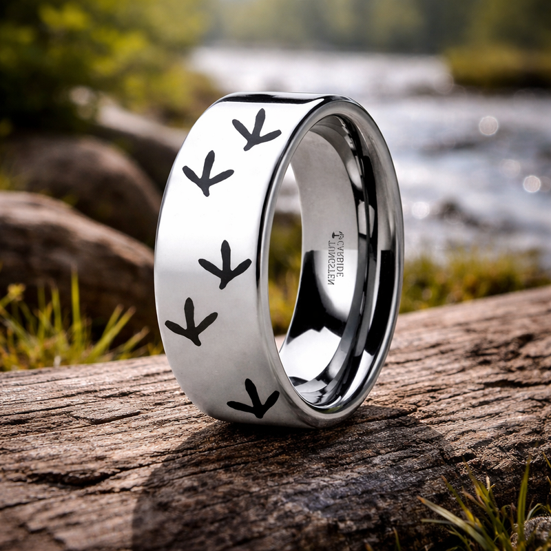 Quail Bird Track Print Engraved Flat Tungsten Ring  6mm or 8mm