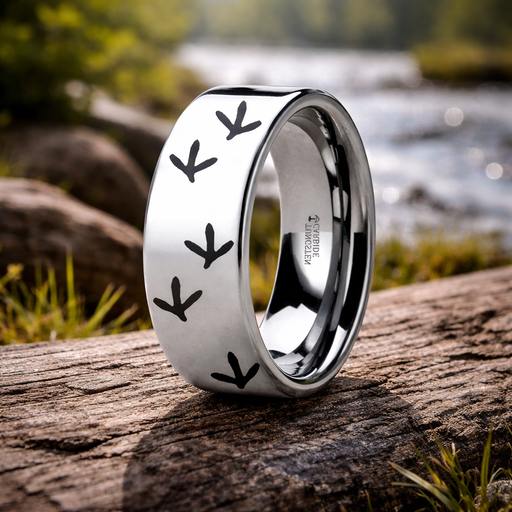 Quail Bird Track Print Engraved Flat Tungsten Ring  6mm or 8mm