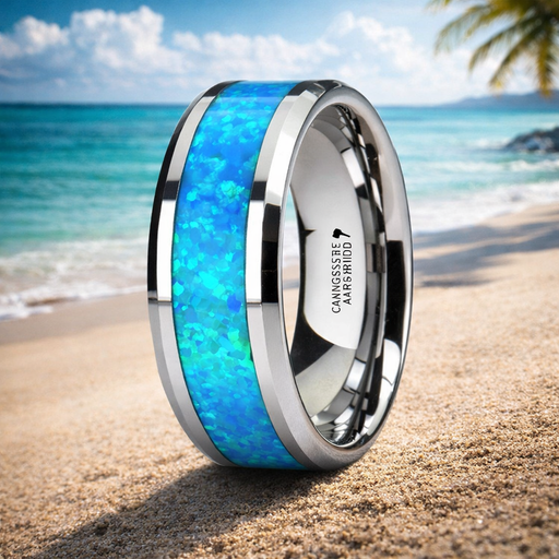 Quasar Tungsten Wedding Band with Blue Green Opal Inlay 8mm