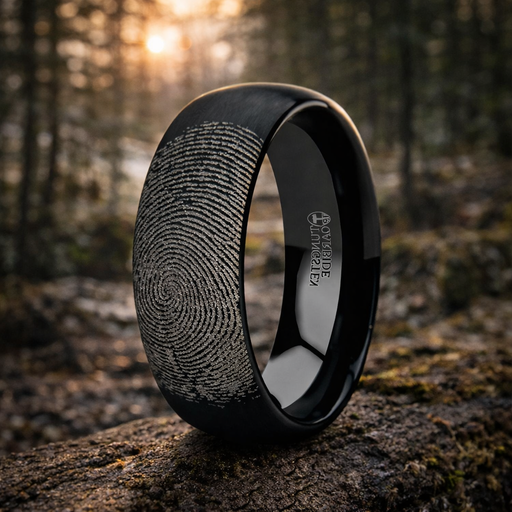 Raider Fingerprint Engraved Domed Black Tungsten Ring Brushed Finish  4mm or 8mm