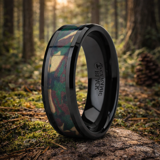 Ranger Beveled Black Ceramic Wedding Ring Real Military Style Jungle Camo  6mm