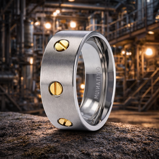 Resolute Titanium Flat Brushed Finish Men's Wedding Ring Rotating Screws 8mm