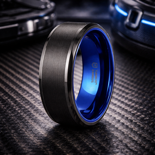 Rigel Black Tungsten Band with Brush Center Bright Bevels and Deep Blue Inner 8mm