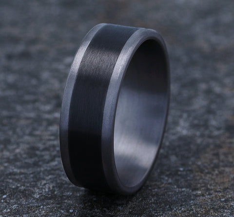 The Duke 8mm Black Titanium Satin Finish Center with Tantalum Flat Edges Ring Forged Union