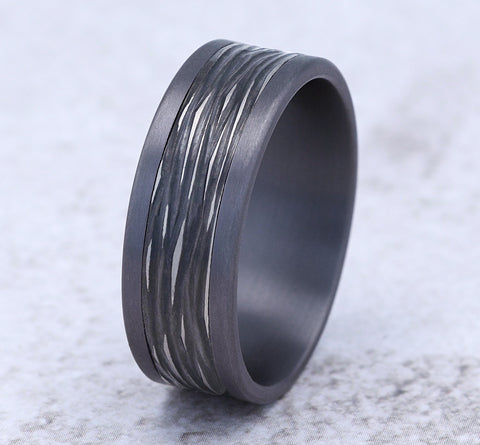 The Teak 8mm Black Titanium Bark Design Center with Grey Tantalum Edge Ring Forged Union