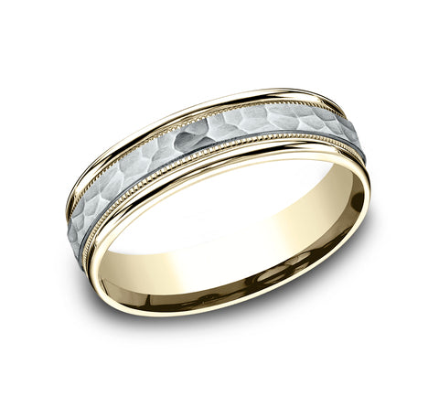 Baxter Two-Tone 14K Gold Wedding Band Hammered Center and Milgrain Edge 6mm