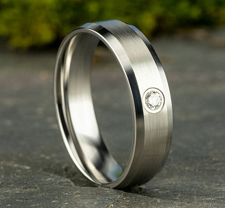 The Alexander Platinum Wedding Ring with Single Round Diamond and Satin Finish 6mm Forged Union