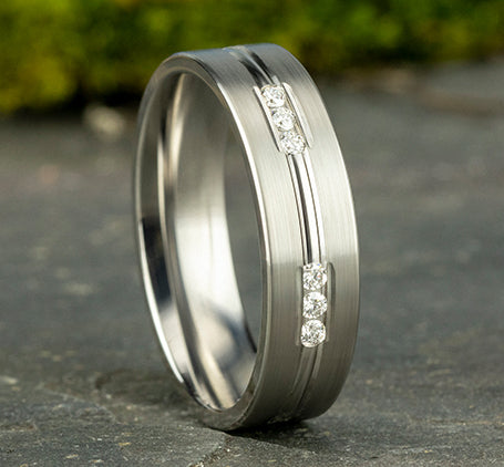 The Frost Platinum Satin Wedding Band With 18 Round Diamonds 6mm Forged Union