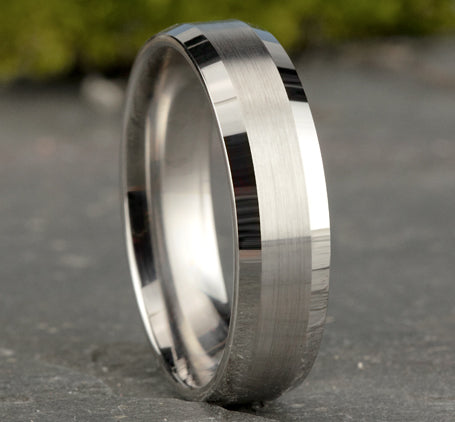 The Chancellor 18K White Gold Wedding Band Satin Finish Polished Beveled Edge 6mm Forged Union