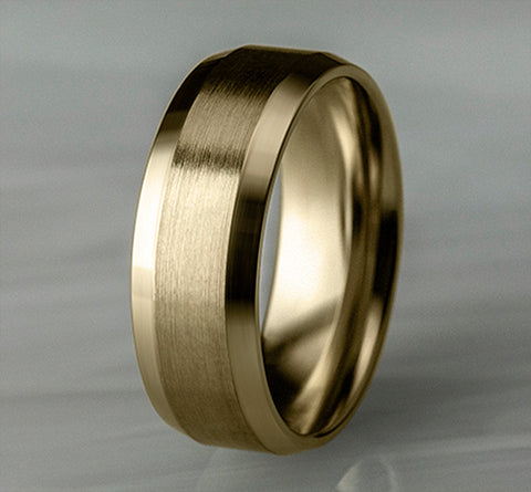 The Suncrest 18K Yellow Gold Wedding Band with Beveled Edge Satin Finish 8 mm Forged Union