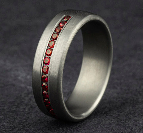 The Cardinal Grey Tantalum With Red Ruby Eternity Center Band -7.5mm