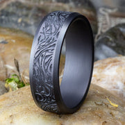 The Katana Dark Tantalum Engraved Mokume Center Pattern Band 7mm Forged Union