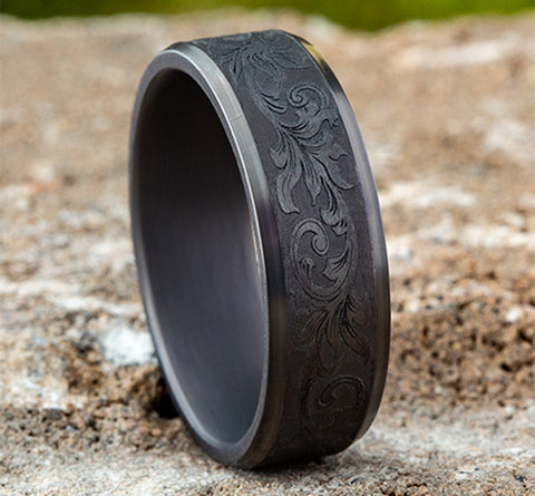 The Dark Royal Dark Tantalum Vintage Script Pattern Center Beveled Edges Ring 7mm Forged Union
