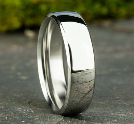 The Elara 18K White Gold Wedding Band with Euro-fit Polished Finish 6.5 mm Forged Union