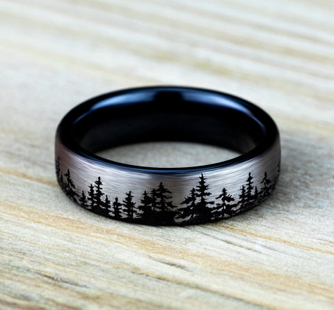 The Alpine 6.5mm Gray and Black Titanium Contrast Tree Line Pattern Ring