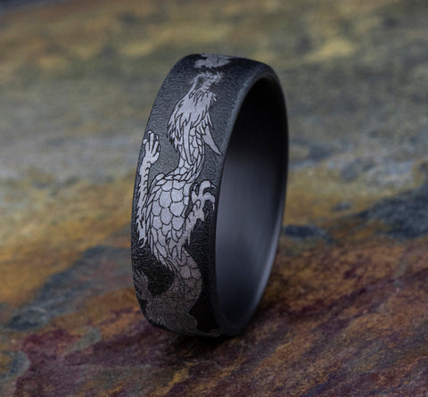 The Protector Tantalum Wire Brush Dragon Design Center Ring 7.5mm