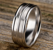The Echo 18K White Gold Wedding Band Cut Center Satin & Polished Finish 8mm Forged Union