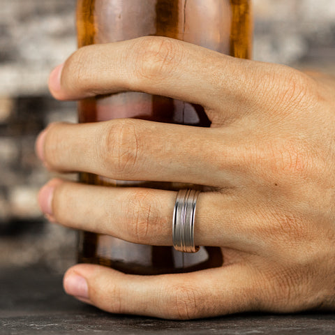 The Echo 18K White Gold Wedding Band Cut Center Satin & Polished Finish 8mm