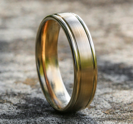 The Washington 18K Yellow Gold Wedding Band with Designer Engraved & Satin Finish 6mm Forged Union