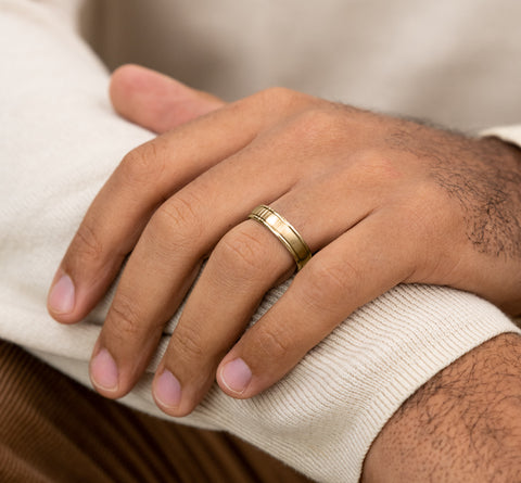 The Washington 18K Yellow Gold Wedding Band with Designer Engraved & Satin Finish 6mm Forged Union