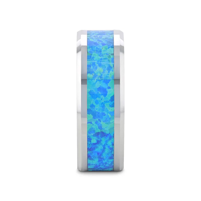 Quasar Tungsten Wedding Band with Blue Green Opal Inlay 8mm