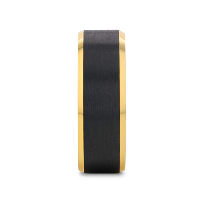 Gaston Men's Gold Plated Tungsten Polished Beveled Ring Brushed Black Center  8mm