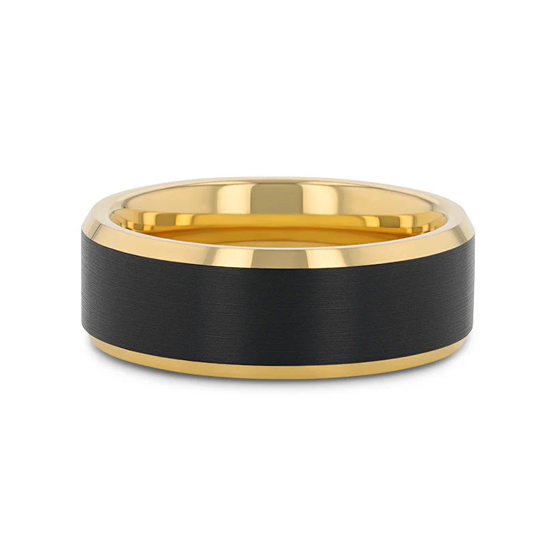 Gaston Men's Gold Plated Tungsten Polished Beveled Ring Brushed Black Center  8mm