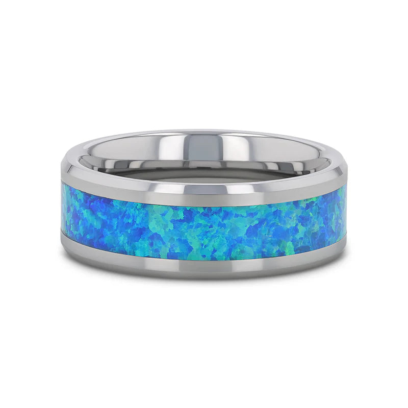 Quasar Tungsten Wedding Band with Blue Green Opal Inlay 8mm