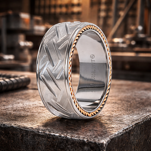 Saturn Woven Pattern Domed Titanium With Yellow Gold Braided Edges 8mm