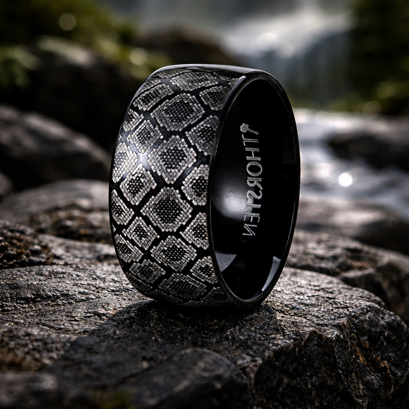 Snake Scales Print Engraved Flat Black Tungsten Ring Polished 6mm or 8mm