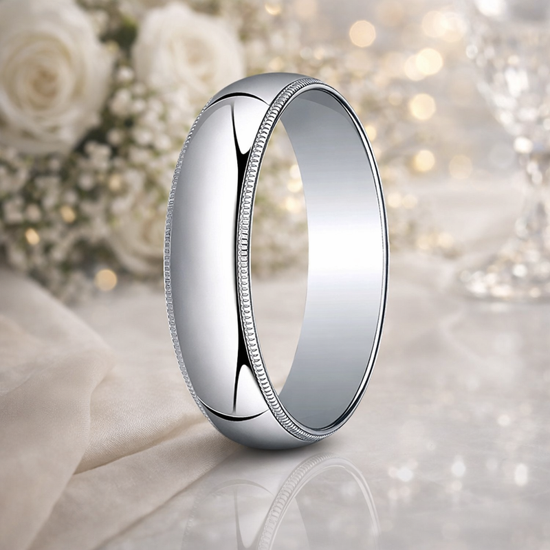  10K White Gold Wedding Band with Domed Milgrain Polished Finish 