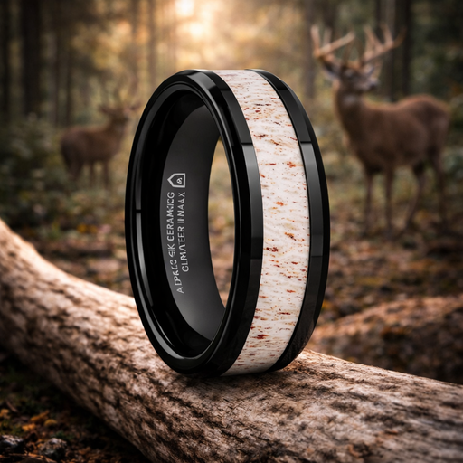 Stag Black Ceramic Beveled Men's Wedding Band with Off-White Antler Inlay 8mm