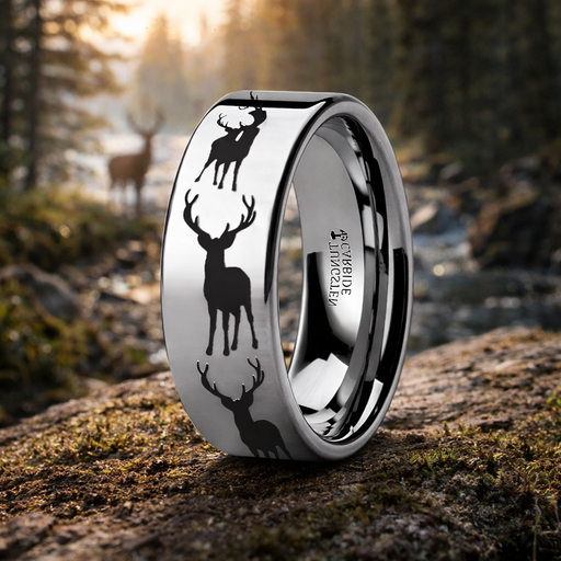 Stag Print Engraved Flat Tungsten Ring 6mm or 8mm