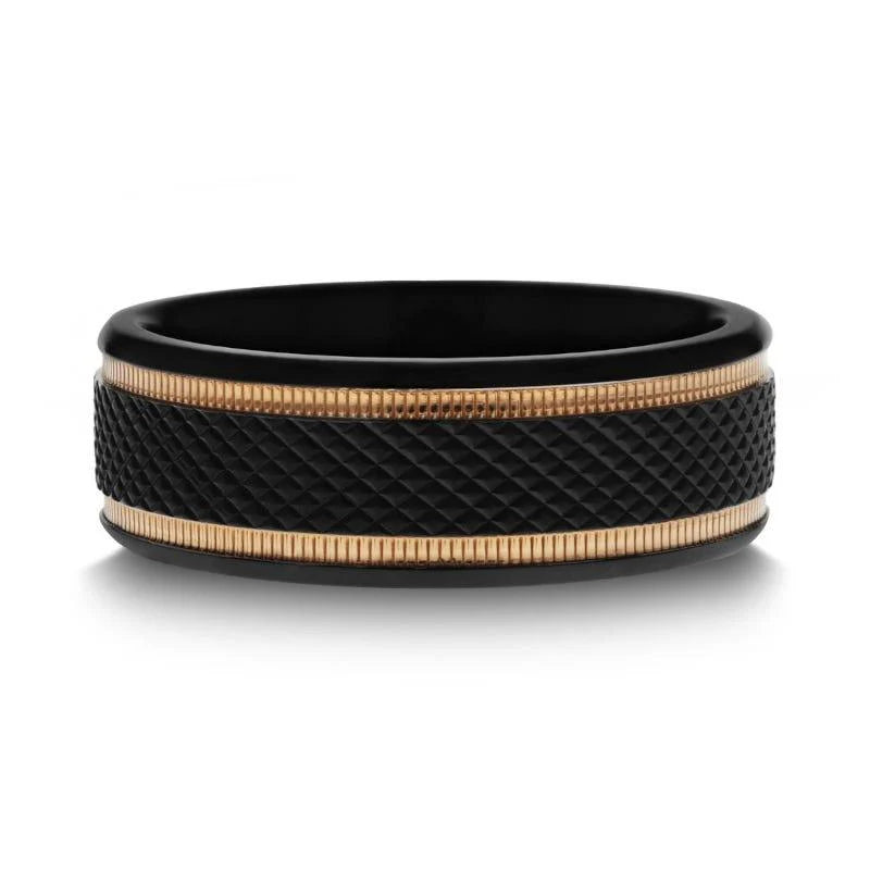 Baroque Black Titanium Diamond Pattern Finish with Gold Milgrain Grooves 8mm