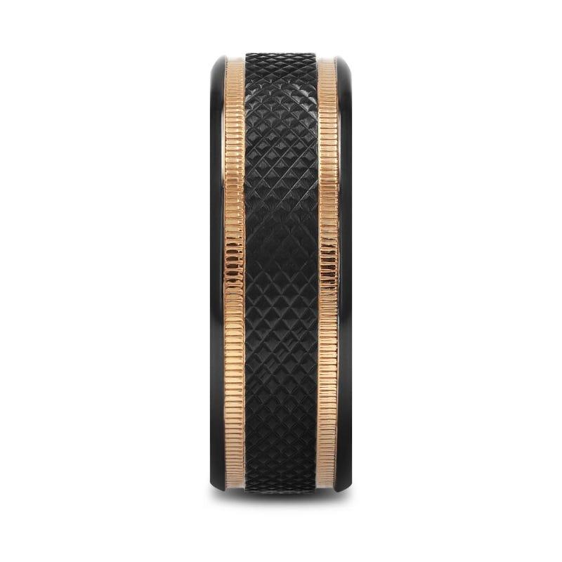 Baroque Black Titanium Diamond Pattern Finish with Gold Milgrain Grooves 8mm