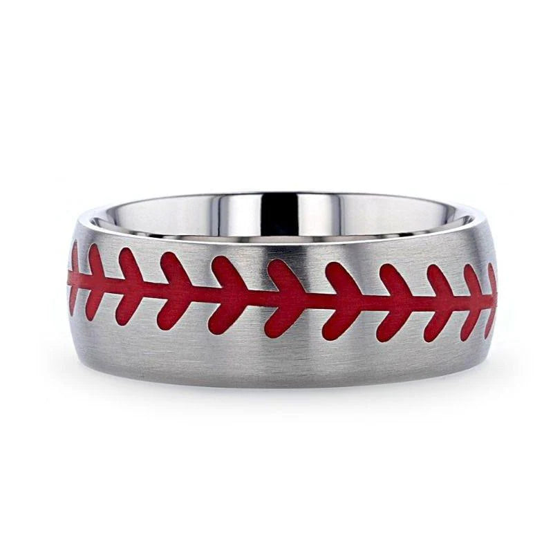 Dimaggio Titanium Brushed Finish Ring with Red Baseball Stitching Pattern 8mm