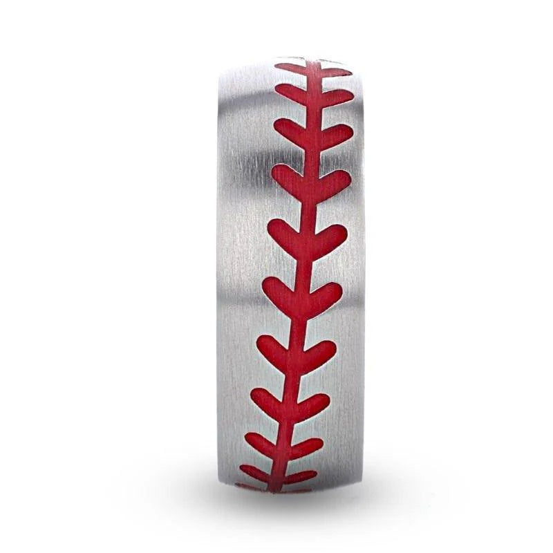 Dimaggio Titanium Brushed Finish Ring with Red Baseball Stitching Pattern 8mm