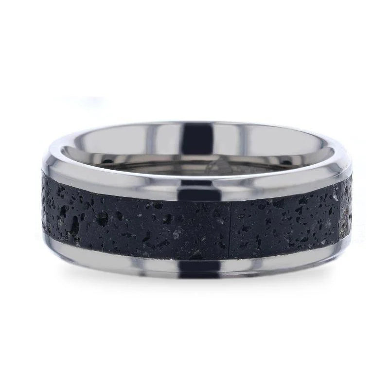 Mauna Black And Gray Lava Inlaid Titanium Men's Ring Polished Beveled Edges 8mm