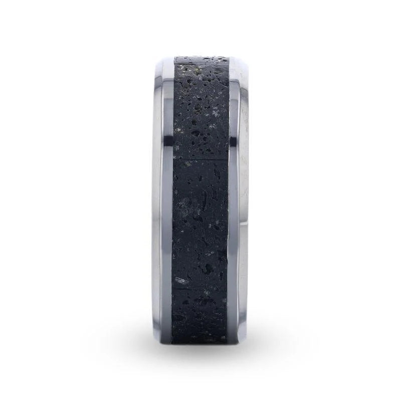 Mauna Black And Gray Lava Inlaid Titanium Men's Ring Polished Beveled Edges 8mm