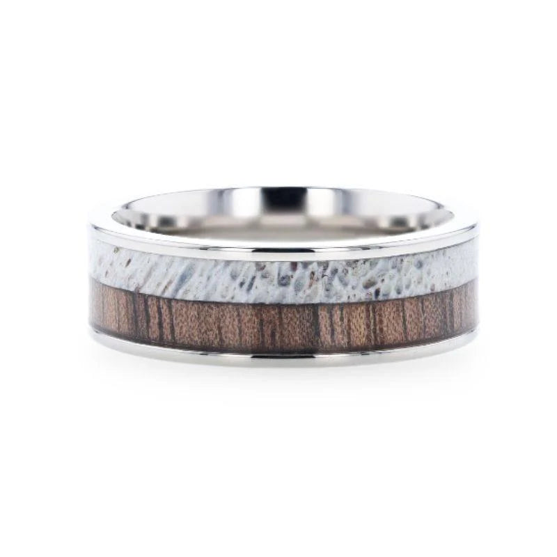 Darby Titanium Polished Finish Flat Men's Ring With Deer Antler Black Walnut Inlay 8mm