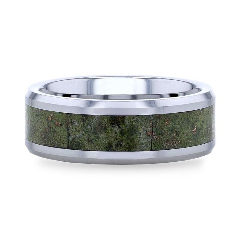 The Liberty Tungsten Ring Beveled Edges and Green Copper Conglomerate Inlay - 8mm Forged Union