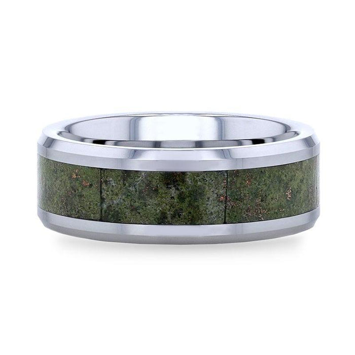 LIBERTY Tungsten ring with Beveled Edges and Green Copper Conglomerate Inlay - 8mm