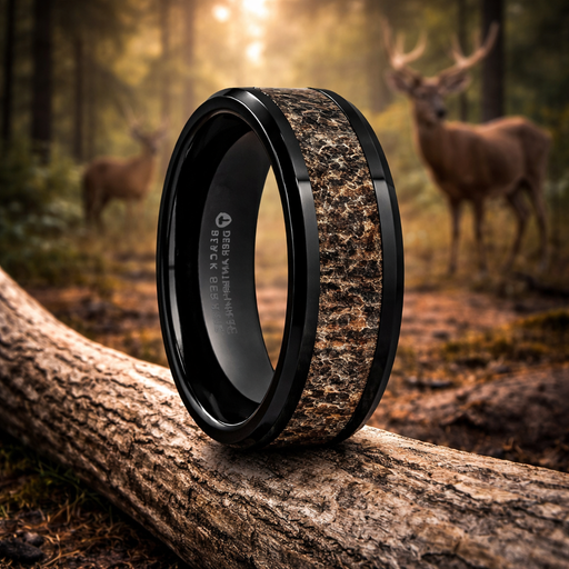 Tine Black Ceramic Polished Beveled Band with Dark Brown Antler Inlay 6mm
