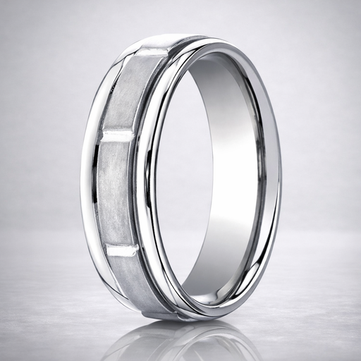 Tranquil 14K White Gold Wedding Band with Designer Engraved Satin Finish 6mm