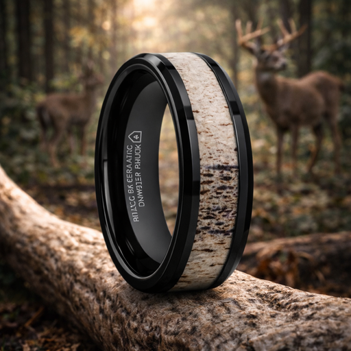 Tres Beveled Black Ceramic Polished Men's Band with Ombre Antler Inlay 8mm