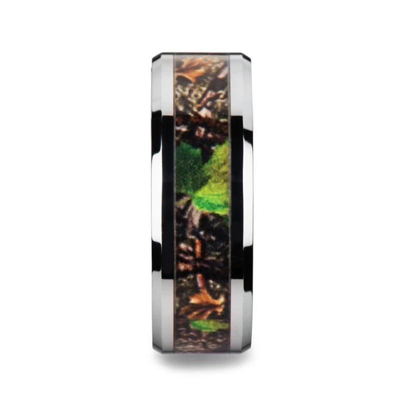 Overgrowth Realistic Tree Camo Tungsten Carbide Wedding Band with Green Leaves 8mm