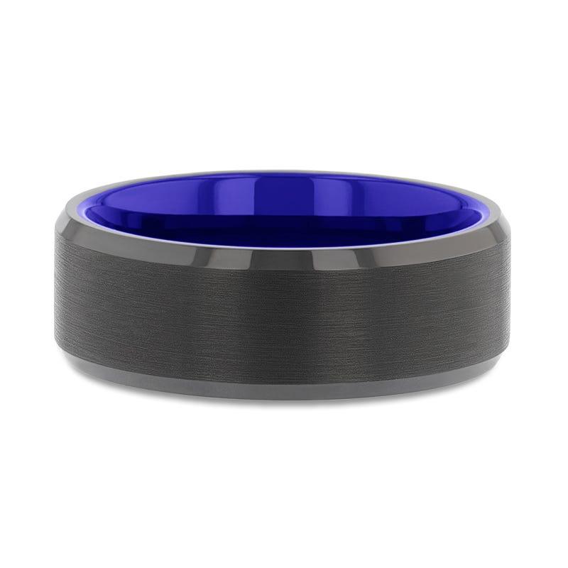 Rigel Black Tungsten Band with Brush Center Bright Bevels and Deep Blue Inner 8mm