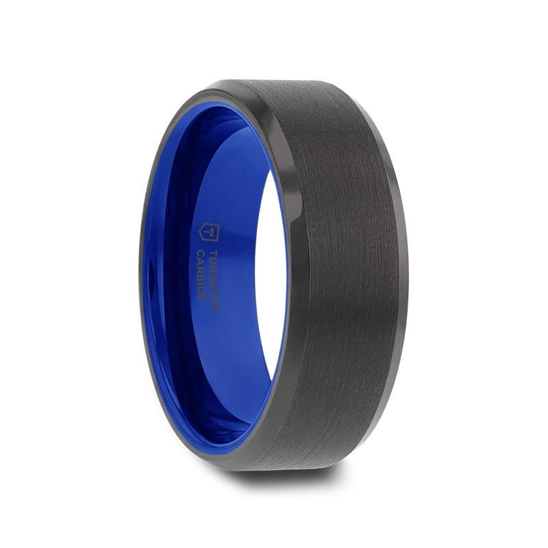 Rigel Black Tungsten Band with Brush Center Bright Bevels and Deep Blue Inner 8mm