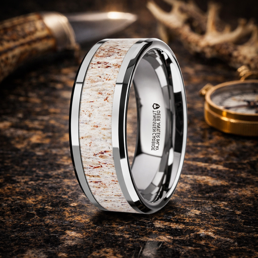 Whitetail Polished Beveled Tungsten Carbide Band with Off White Deer Antler Inlay 8mm